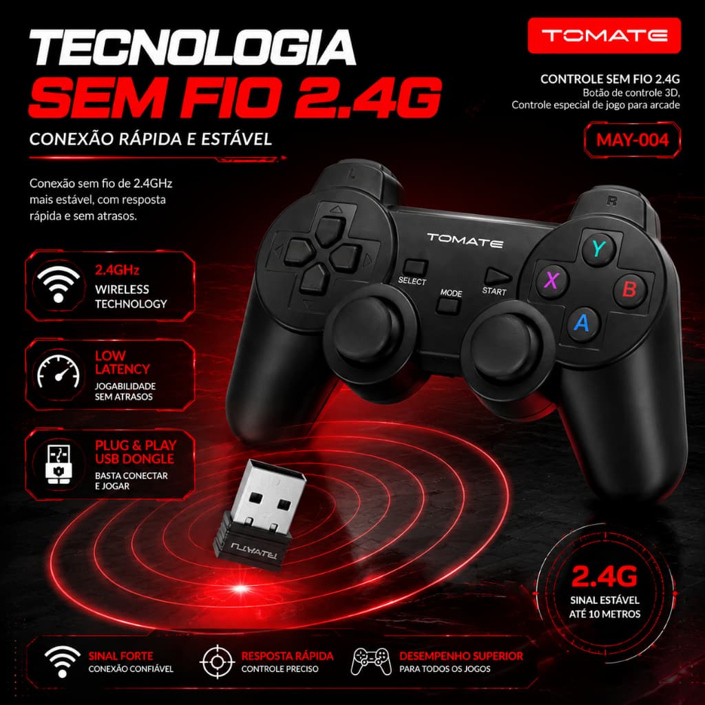 Controle Gamer Sem Fio 2.4G TOMATE MAY-004 Kit 2 Controles com Dongle USB para PC Jogos