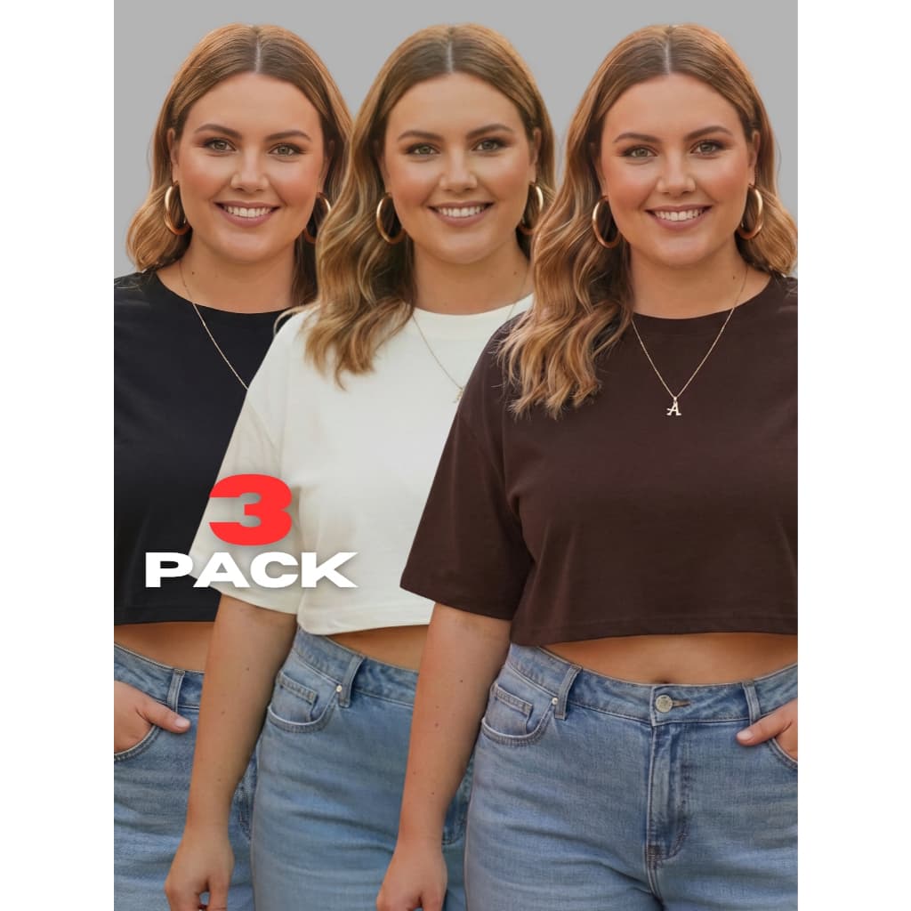 Kit 3 Cropped T-Shirt Plus Size Feminina Oversized 100% Algodão Blusa Manga Curta Soltinha Malha Premium