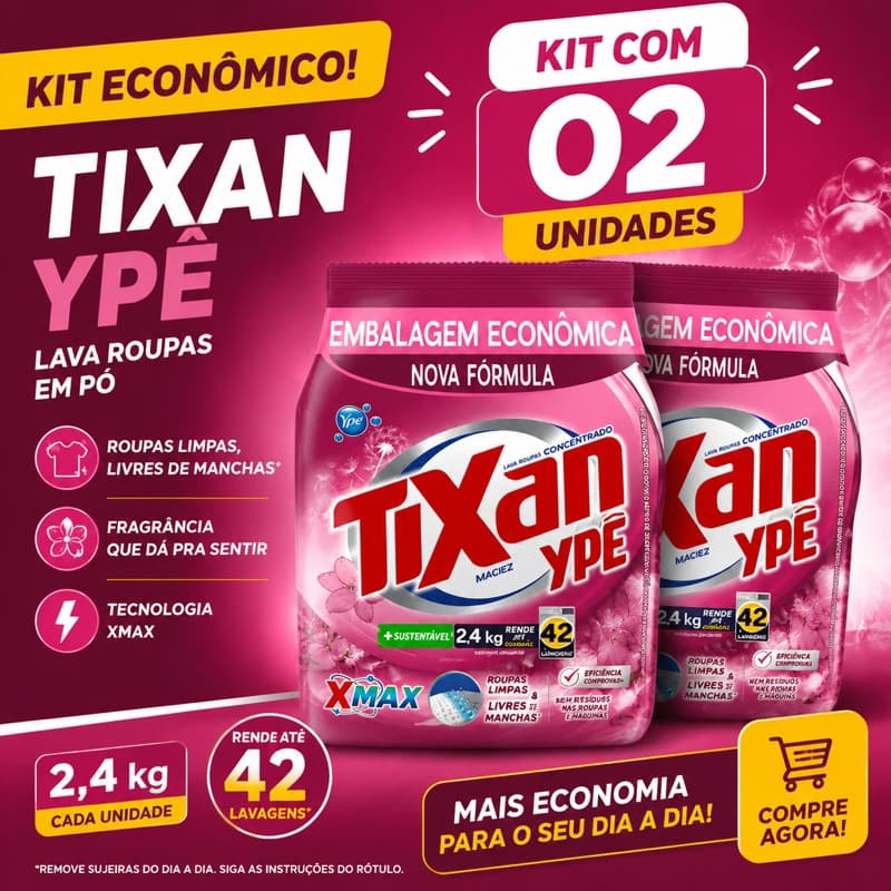 KIT com 02 Unidades Sortidos Sabão Em Pó Tixan Ypê 2,4 KG cada Lava Roupas MACIEZ