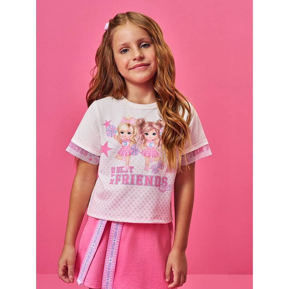 Conjunto Infantil Cinti Menina Estampa Best Fridends com Blusa e Short Saia Rosa