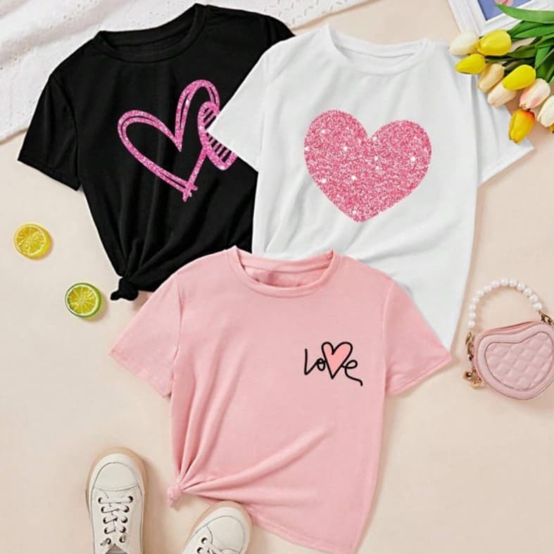 Kit 3 Camisas Infantil Menina Blusa Algodão Glitter Brilho Casual Coração Escolar Confortável