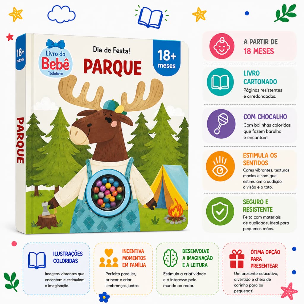 Livro do Bebê Dia de Festa Parque com Chocalho | Livro Sensorial Cartonado | Todolivro | 18+ Meses