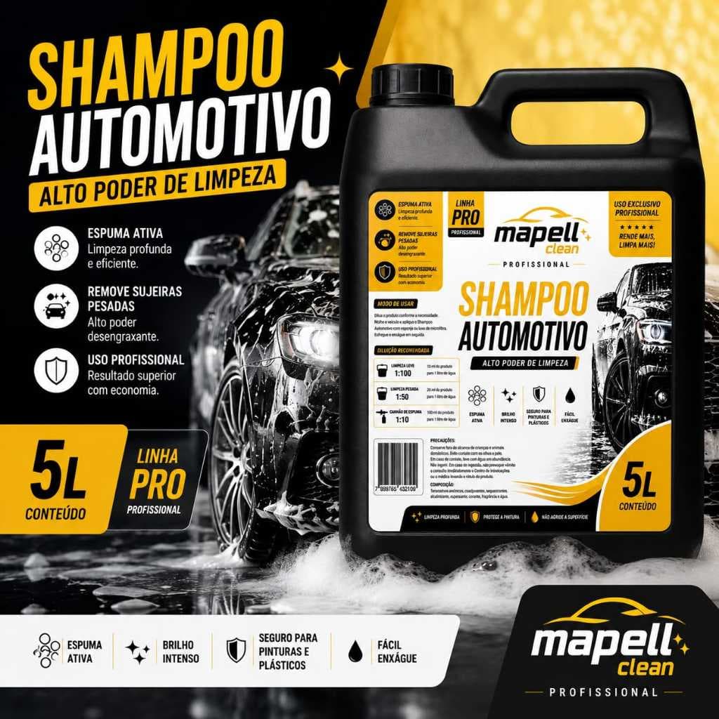 Shampoo Automotivo 5L Mapell Clean Linha Pro Espuma Ativa Alto Poder de Limpeza