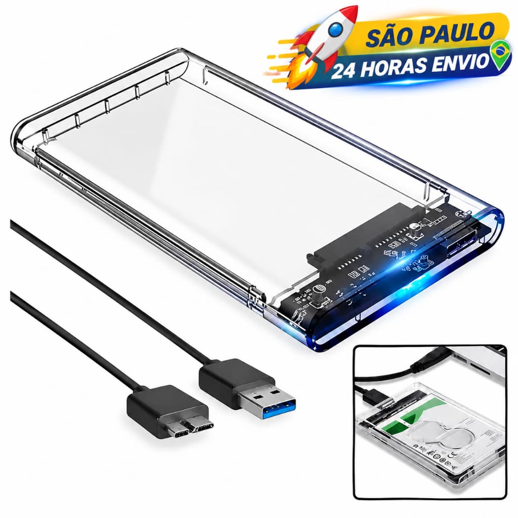 Case HD Externo USB 3.0 Transparente 2.5 Polegadas SATA Para HD SSD Notebook PC Adaptador Portátil