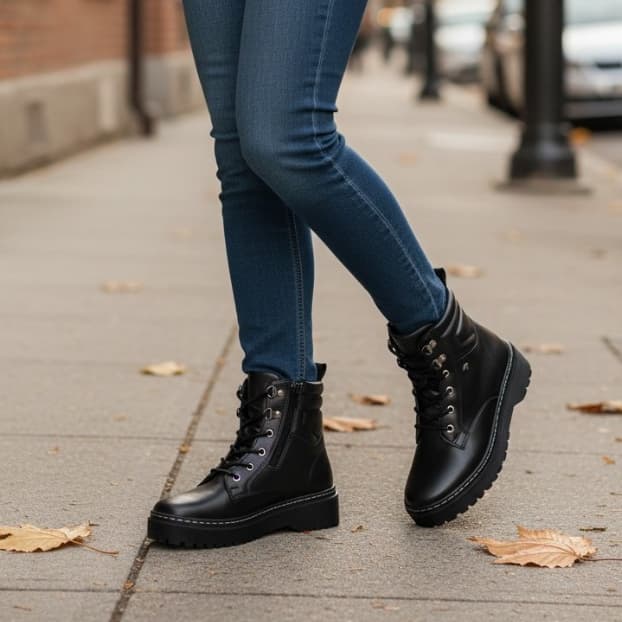 Coturno Feminino Preto Confortável com Cadarço Fivela Zíper e Solado Grosso