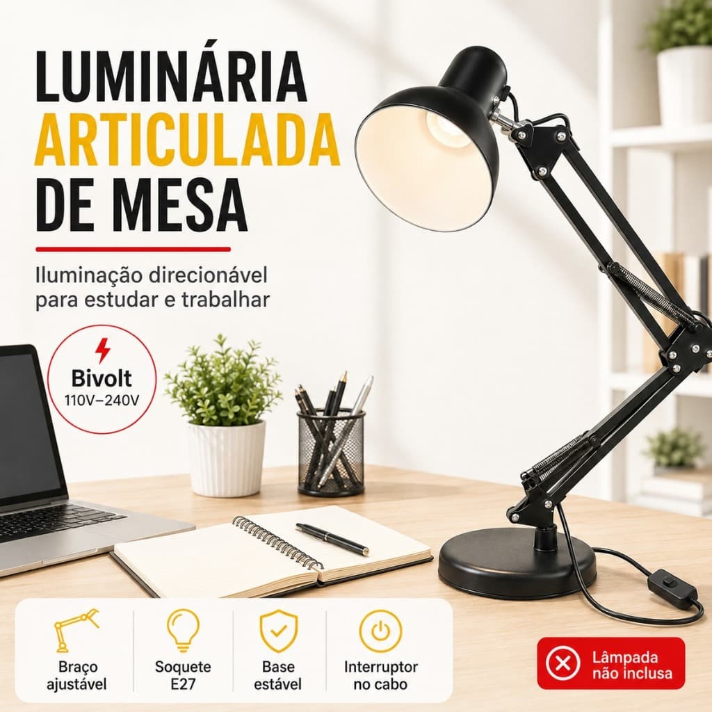 Luminária de Mesa Abajur Preto - Flexibilidade Articulável e Design Elegante