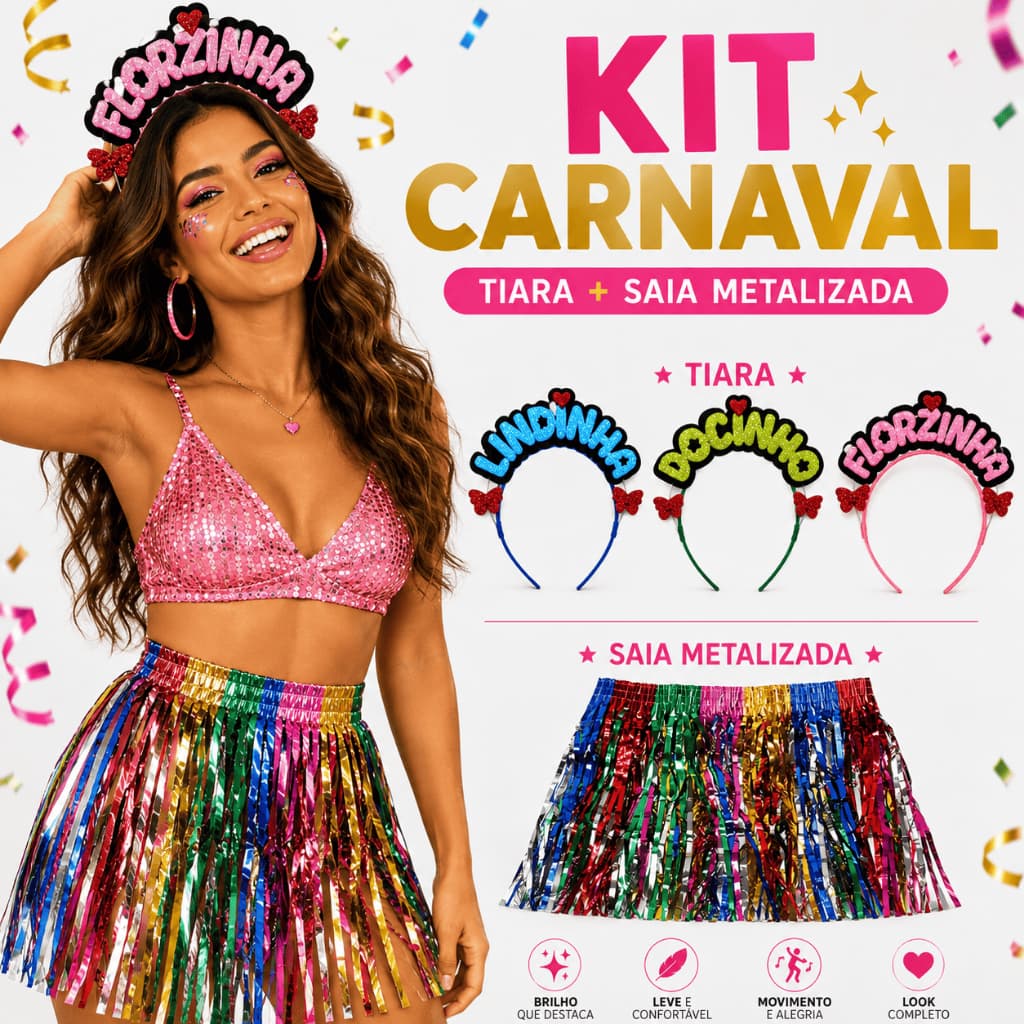 Kit Fantasia Carnaval Festa Saia Fitilho e Tiara personalizada Meninas Poderosas Docinho Florzinha Lindinha