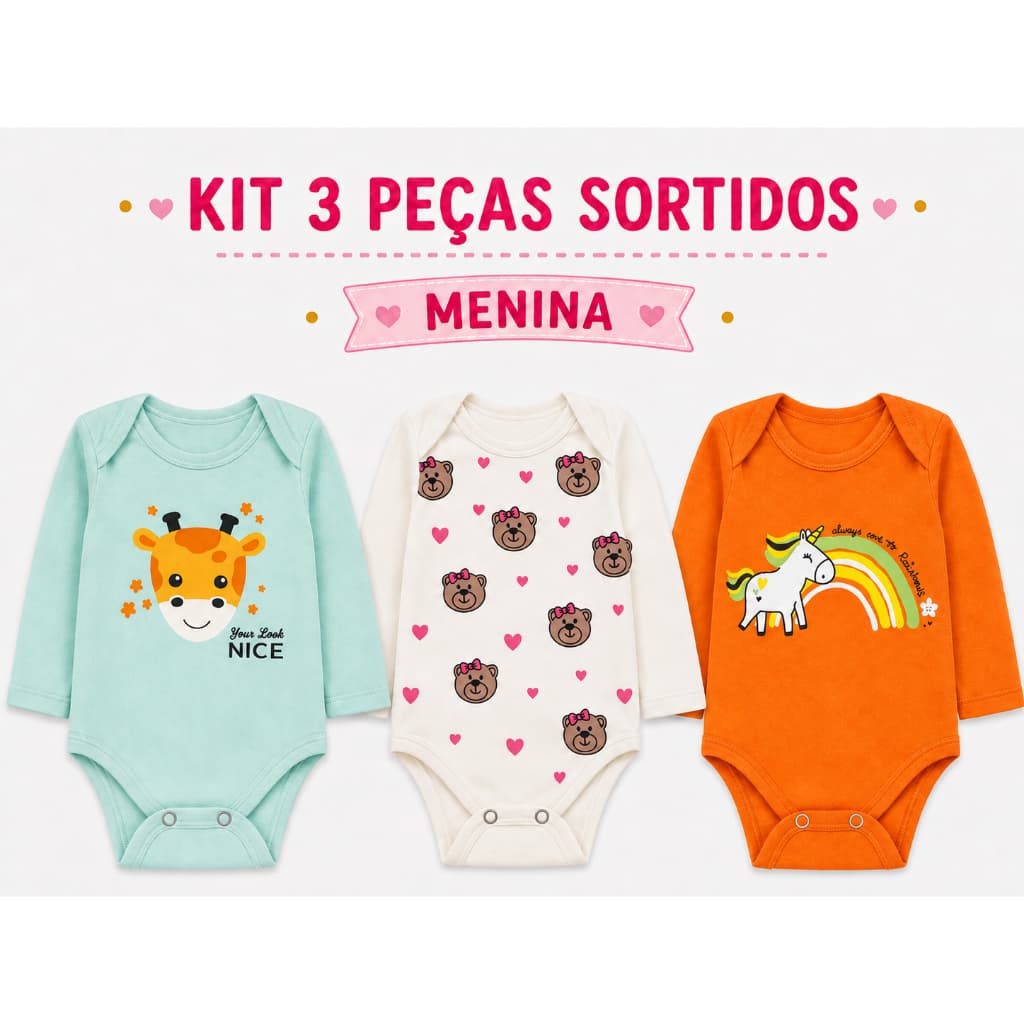 Kit 3 Body Bebê Manga Longa Inverno  Menina Roupas de Bebê Sortido