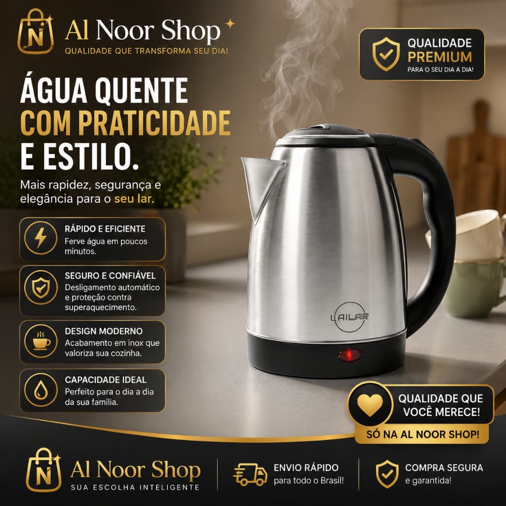 Chaleira Elétrica Inox 2 Litros Lailar – Ferve Rápido, Um Toque, Desligamento Automático