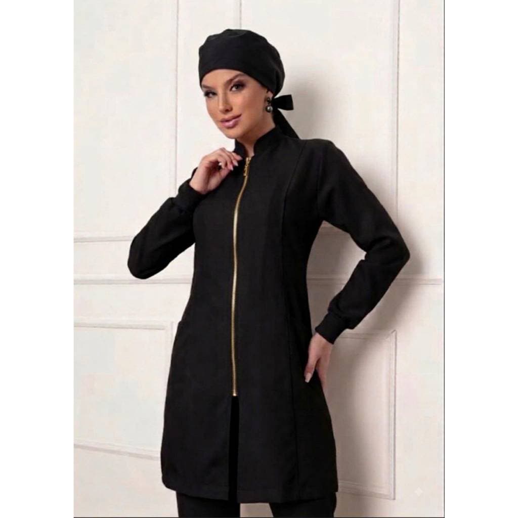 Jaleco Feminino com Zíper Nice + Gorro Preto Gardenia Jalecos