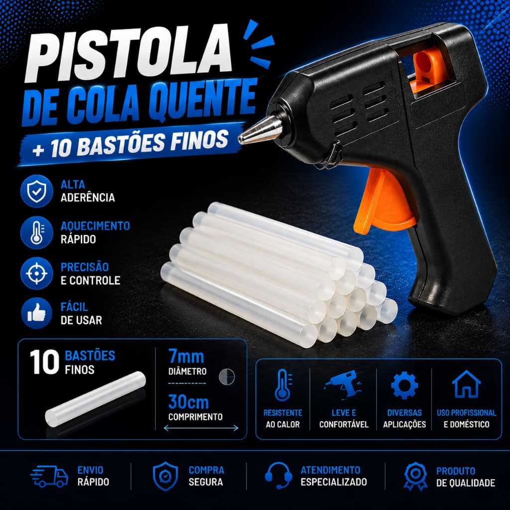 Kit Pistola de Cola Quente + 10 Bastões Finos 7mm x 30cm Artesanato