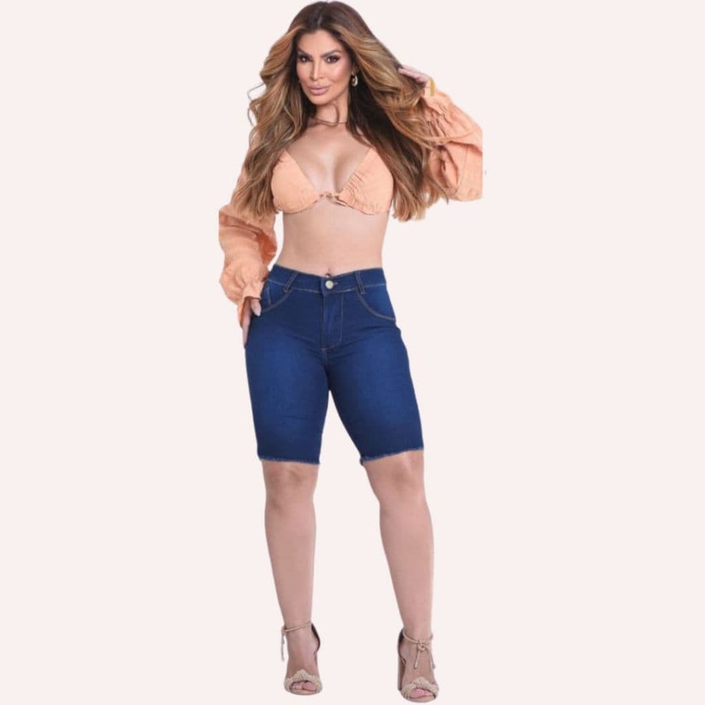 Bermuda Jeans Feminina Cintura Alta Barra Desfiada Jeans Feminino Jeans Luxo