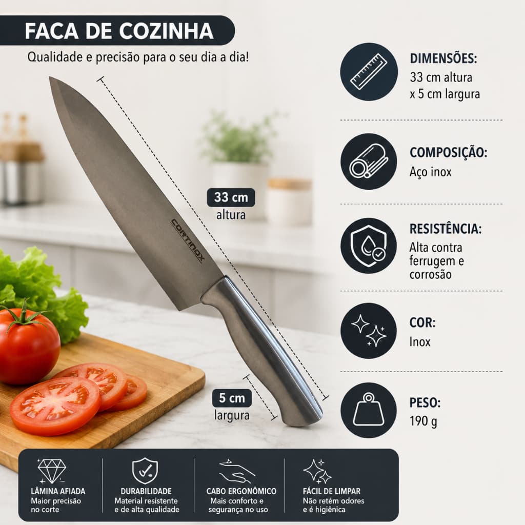 Faca Chef 33cm em Aço Inox – Faca de Cozinha Profissional Shine