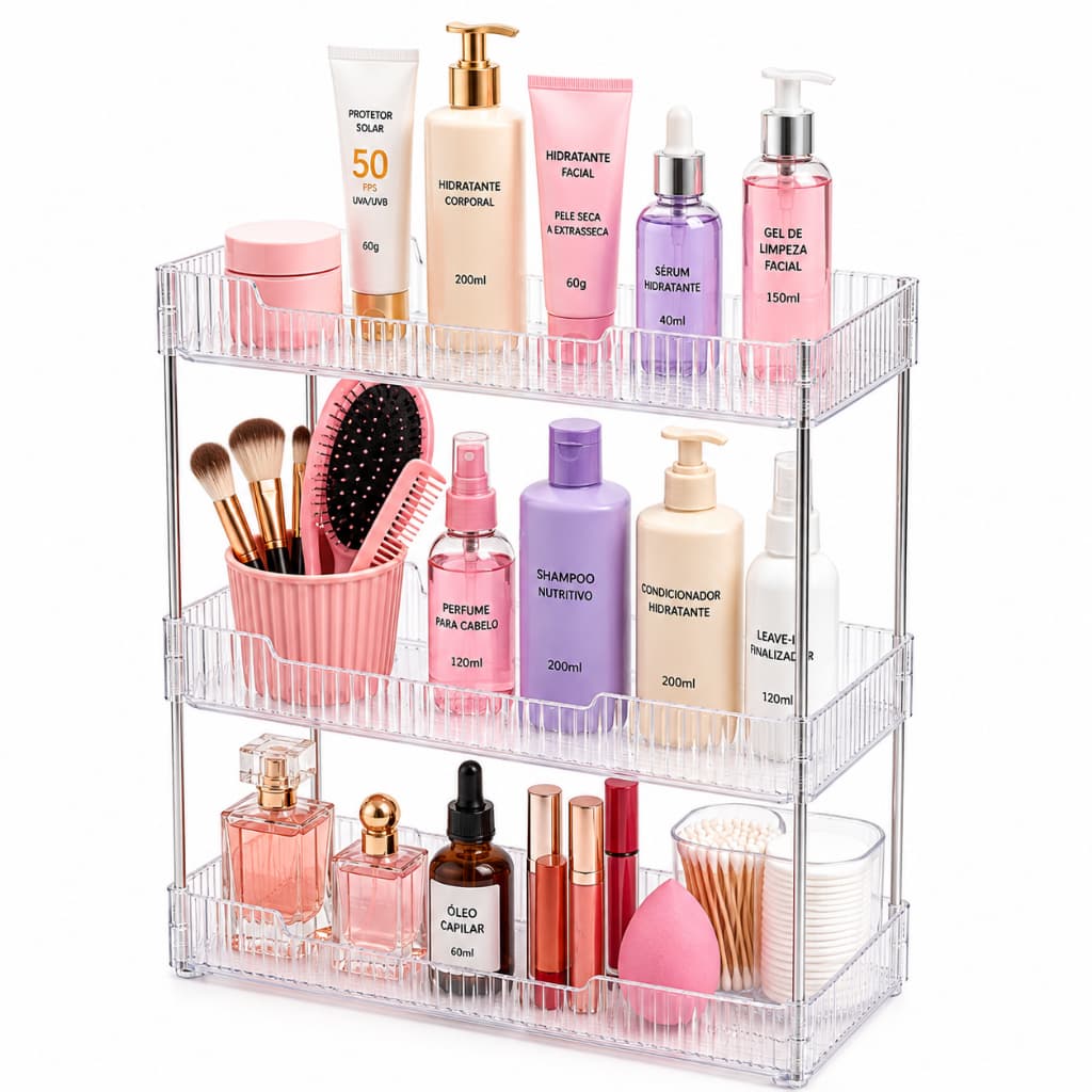 Organizador de Maquiagem Acrílico Transparente 3 Andares para Cosméticos Perfumes Skincare e Banheiro