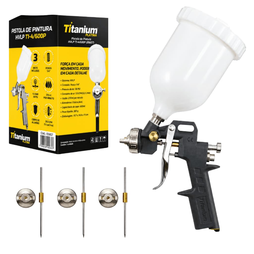Kit Pistola de Pintura Automotiva Profissional HVLP 3 Bicos 1,2 1,5 1,8mm Gravidade Titanium Platina