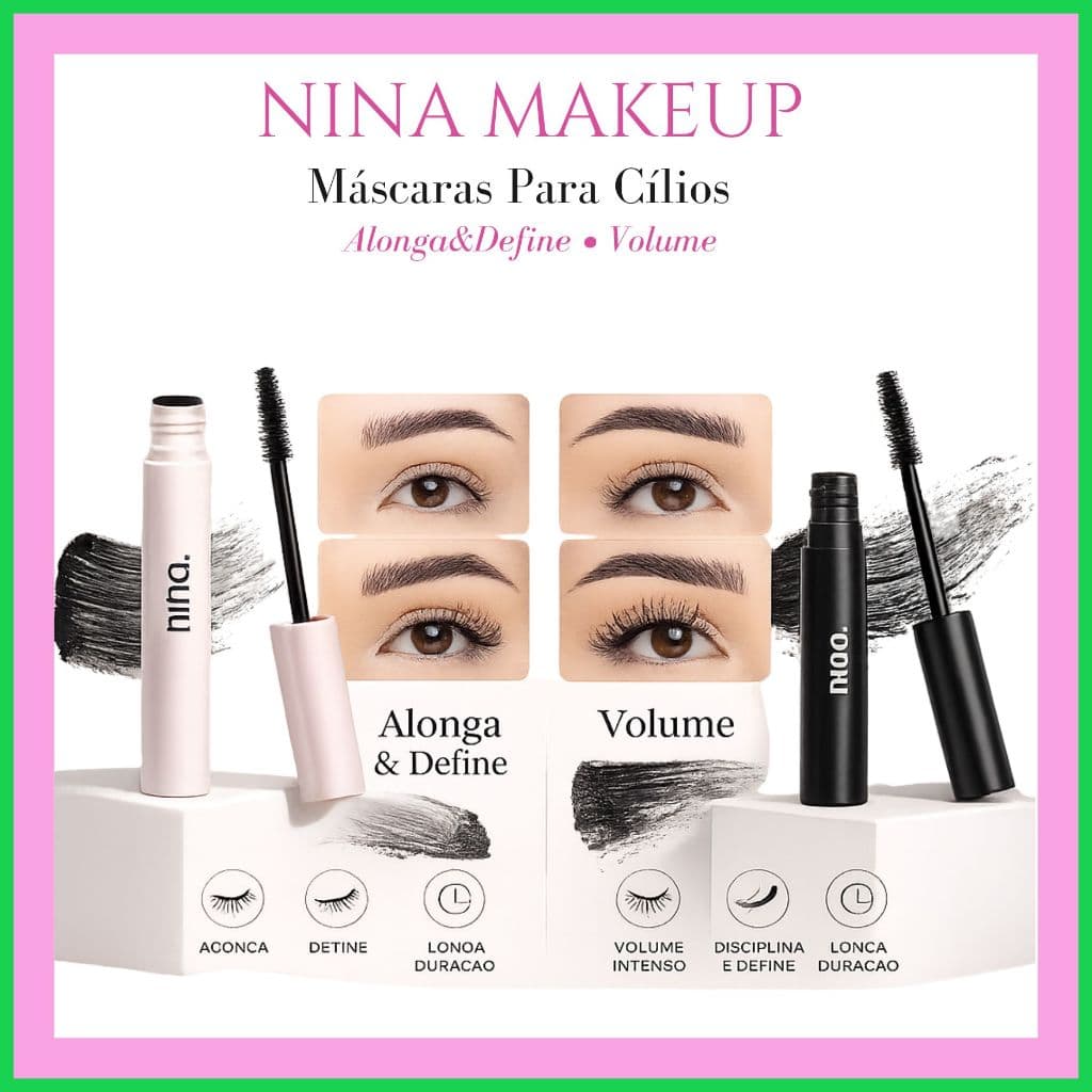 Máscara de Cílios Nina Makeup | Alongamento, Volume Intenso e Definição | Longa Duração