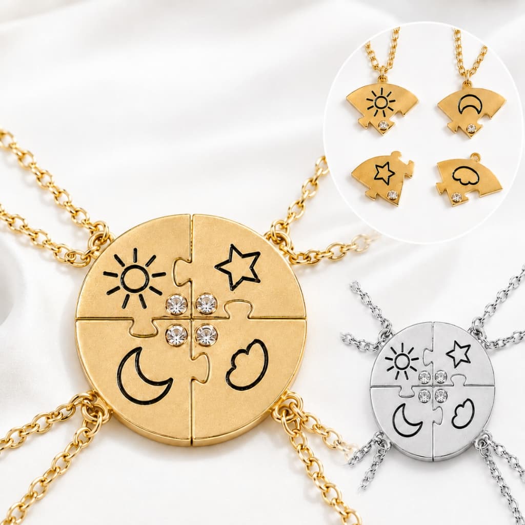 Kit 4 Colares da Amizade BFF Sol Lua Estrela Nuvem Pingente para Melhores Amigos