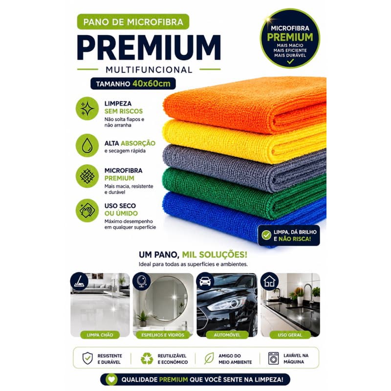 KIT 10 PANOS MICRO FIBRA PREMIUM Multiuso Alta Absorção, Limpeza Casa, Carro, Vidros, pano cozinha, pano absorvente.