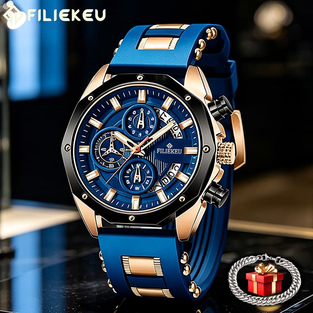 Relógio Esportivo Masculino de Luxo em Silicone Azul-Claro à Prova d'Água