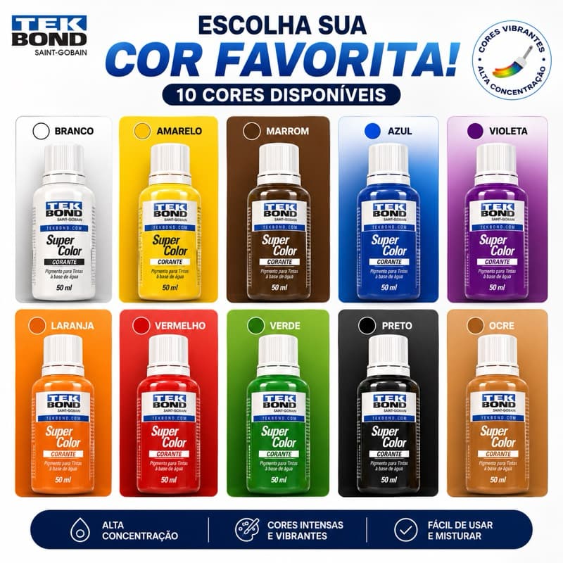 Corante Tekbond Super Color 50ml Pigmento para Tinta à Base de Água Escolha a Cor