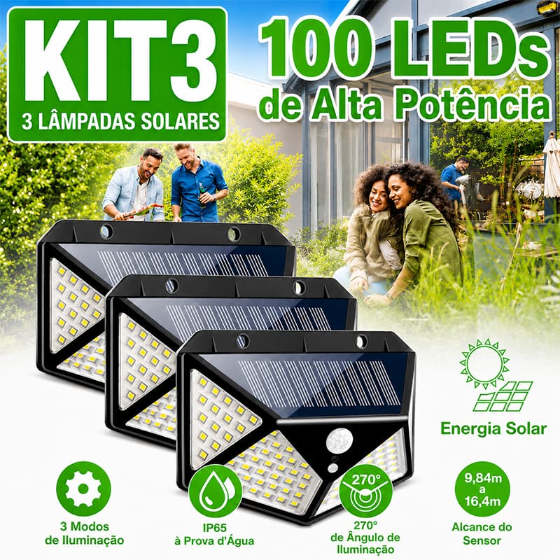 Kit 3 Luminária Solar 100 Led De alto padrão Com Sensor Jardim Prova D'água 3 Modos Iluminação