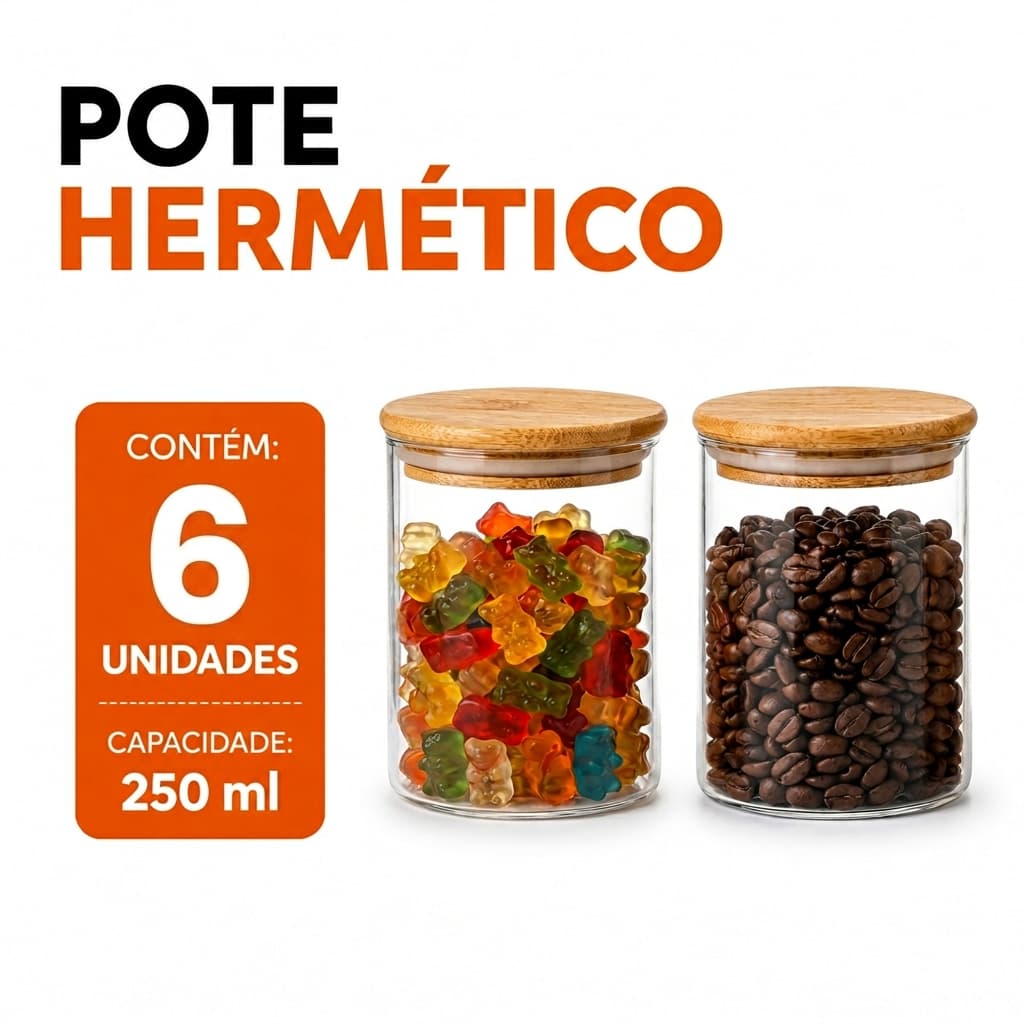 Kit 6 Pote de Vidro com Tampa Bambu 250ML Potes Herméticos Porta Mantimentos Hermético à Prova Odores