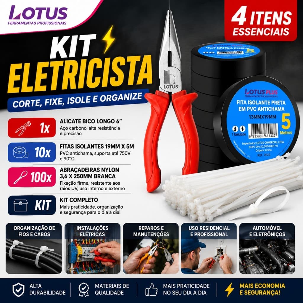 KIT ELETRICISTA 50 METROS FITA ISOLANTE +  1 ALICATE BICO LONGO 6"  + 100 ABRAÇADEIRAS | 3763 | 3205 | 7026
