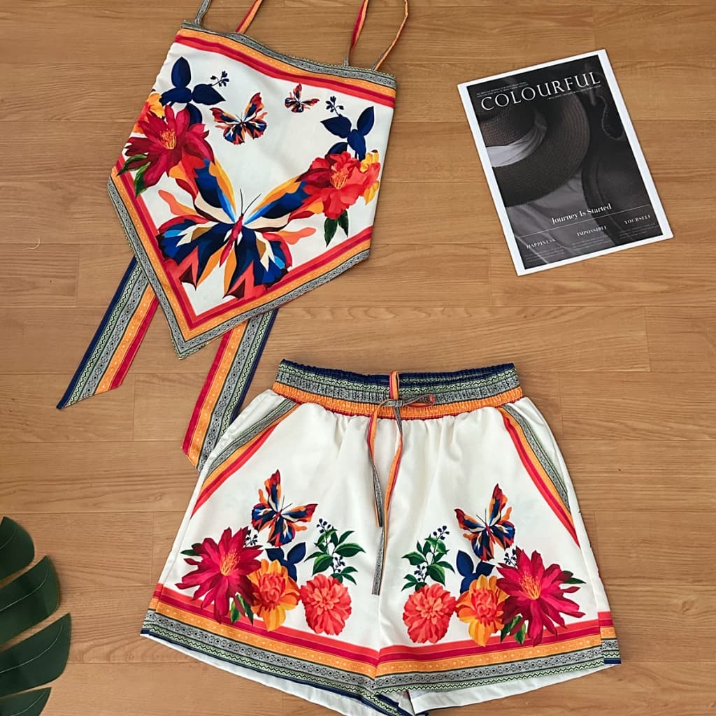 Conjunto Verao Top Alça ReversívelEstampa Étnica Colorida