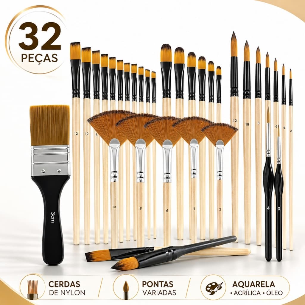 Kit 32 Pincéis de Pintura Profissional Cerdas Nylon Cabo Madeira Para Tinta Acrílica Aquarela e Óleo Artesanato
