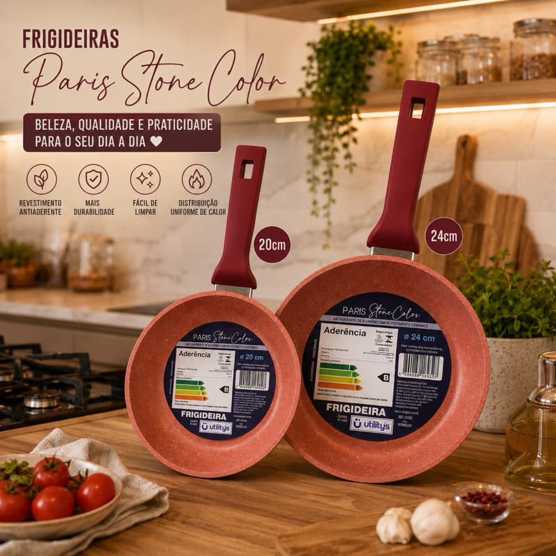 Frigideira Antiaderente Paris Stone Color Utilitys 20cm 24cm Revestimento Cerâmico Indução