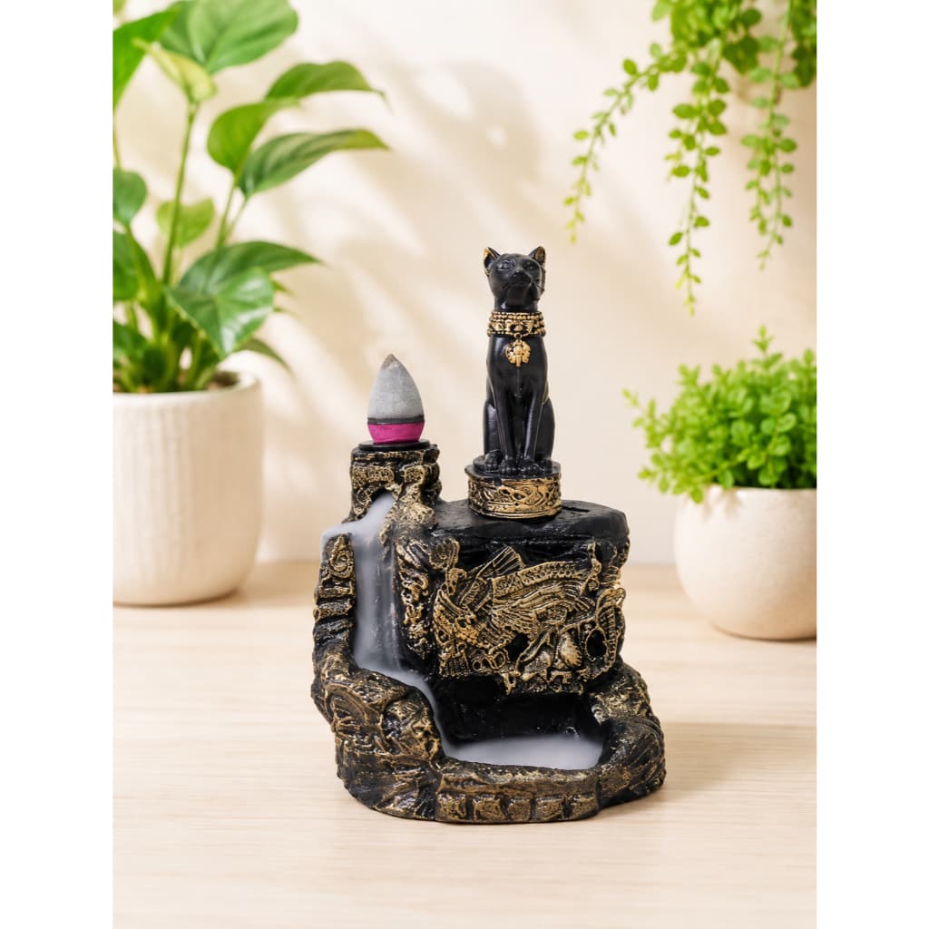 Incensário Cascata Deusa Bastet 13 cm em Resina | Decoração Egito Mística Esotérica