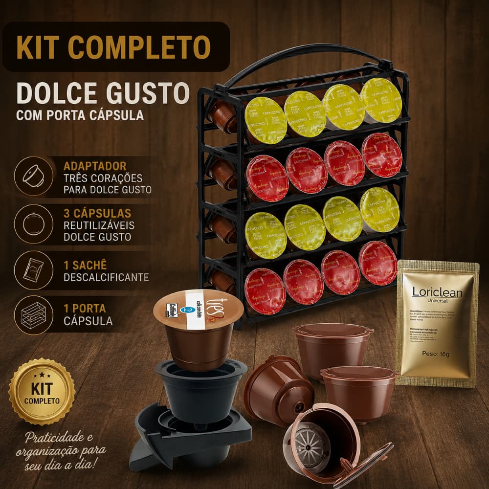 Kit Dolce Gusto: 3 Cápsulas Reutilizáveis + Adaptador Três Corações + Descalcificante + Porta Cápsulas
