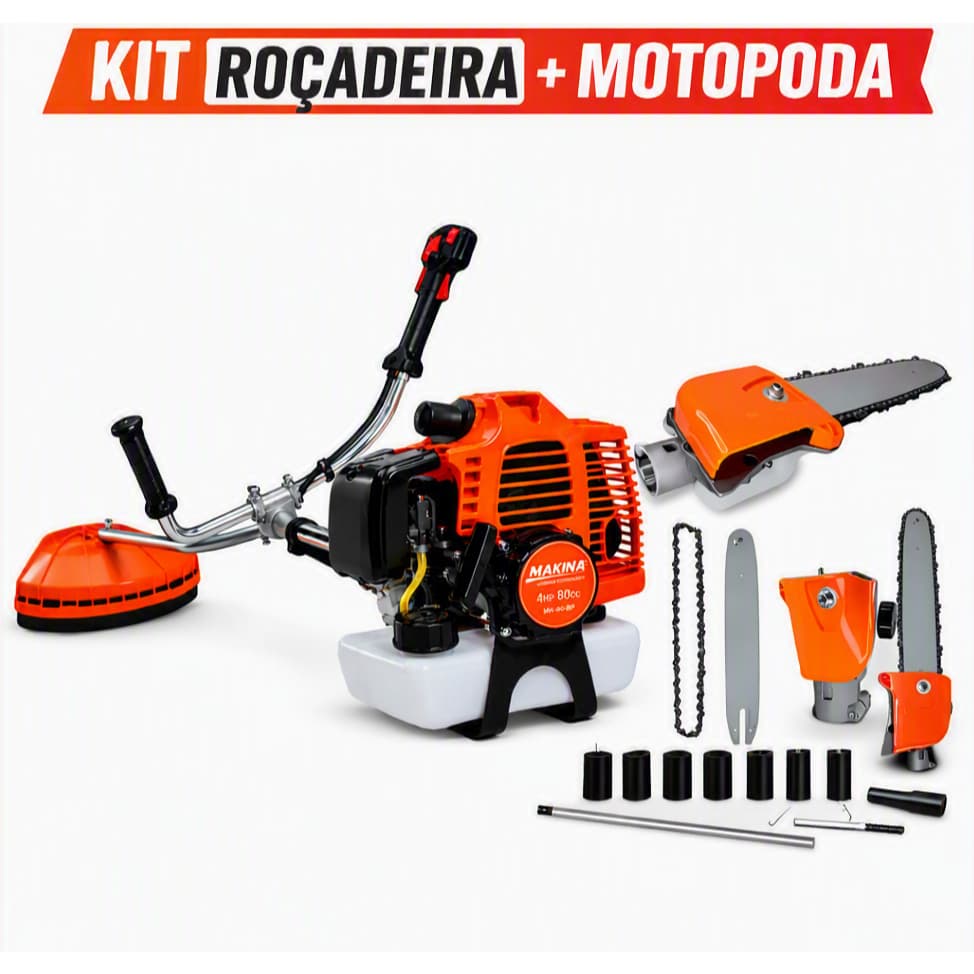 Kit Roçadeira a Gasolina 80cc Makina + Motopoda Universal | Cortador de Grama Profissional com Acessórios Completo