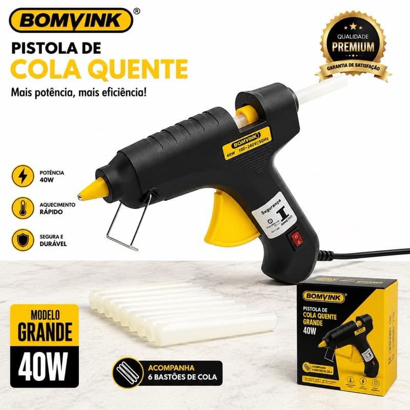 Pistola de Cola Quente Reforçado BOMVINK BIVOLT Modelo Grande + 6 Bastões de Cola