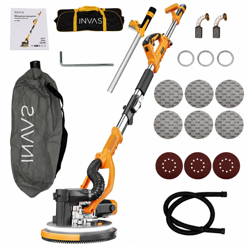 Lixadeira Elétrica Parede Teto Girafa Telescópica Dobrável Sem Poeira 1200W C/ Led Aspirador Kit Completo Lixas Sacos