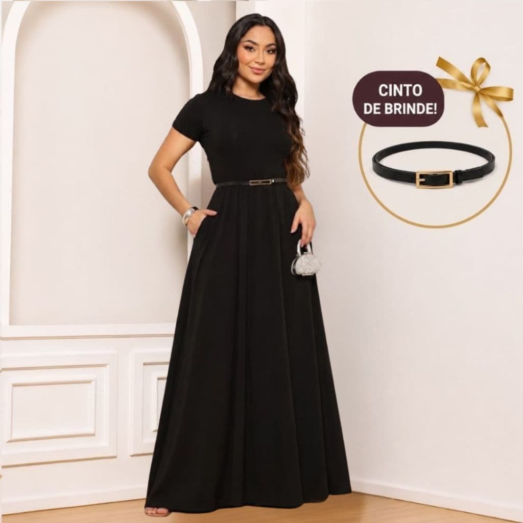 Vestido Longo Feminino em Malha Viscolycra com Bolso e Cinto de Brinde