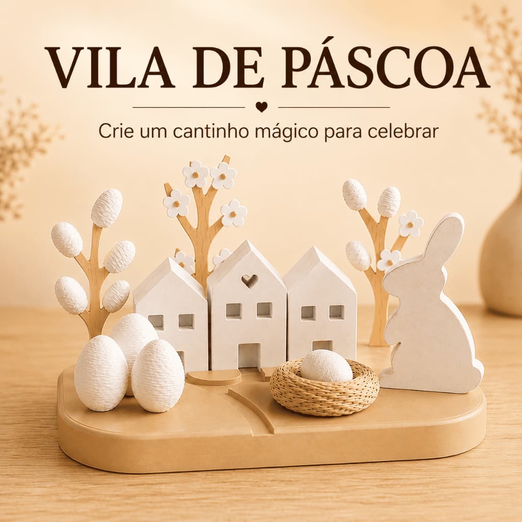 Vila de Páscoa Decorativa com Coelho Ovos Casinhas Enfeite Centro de Mesa Decoração