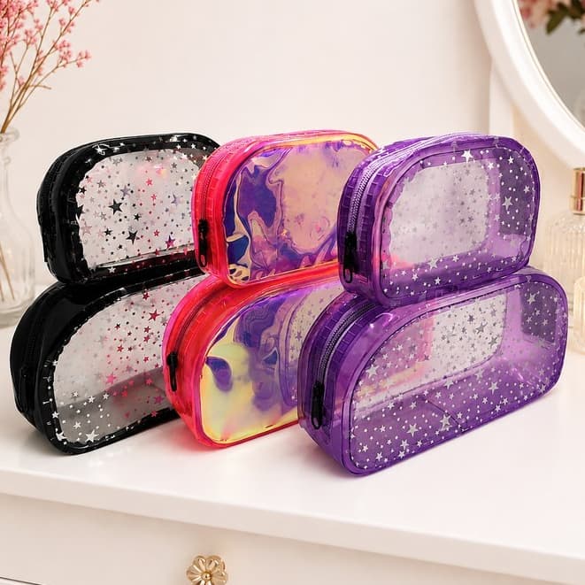 Necessaire Feminina + Bolsinha , Furta Cor , Estrela ,Organizador Portatil , Kit 3 Peças Box Transparente