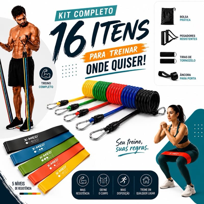 Kit 16 Itens Treino Em Casa Completo Elásticos Extensores + 5 Mini Bands Fitness Musculação Exercícios Yoga Fisioterapia