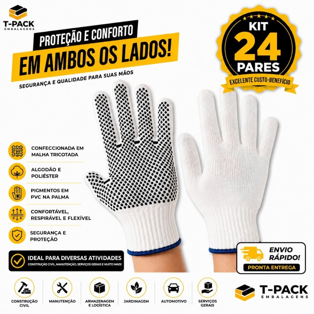 Kit 24 Luvas de Malha 4 Fios Pigmentada Antiderrapante Reforçada Pedreiro Aderencia Confortavél