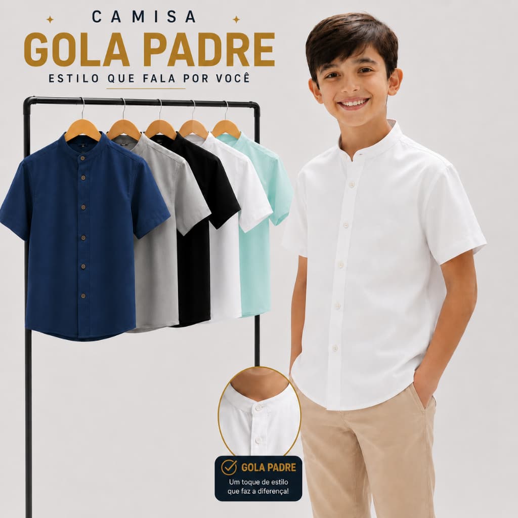 Camisa Infantil Gola Padre Social Menino Manga Curta Várias Cores  No Tamanho 4 ao 14