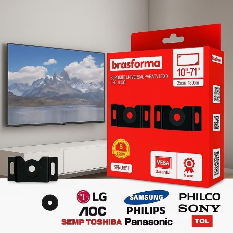 Suporte Reforçado Universal Fixo para TV LCD LED Smart 4K Painel Parede Brasforma 10 20 32 43 55 60 65 75 85 90