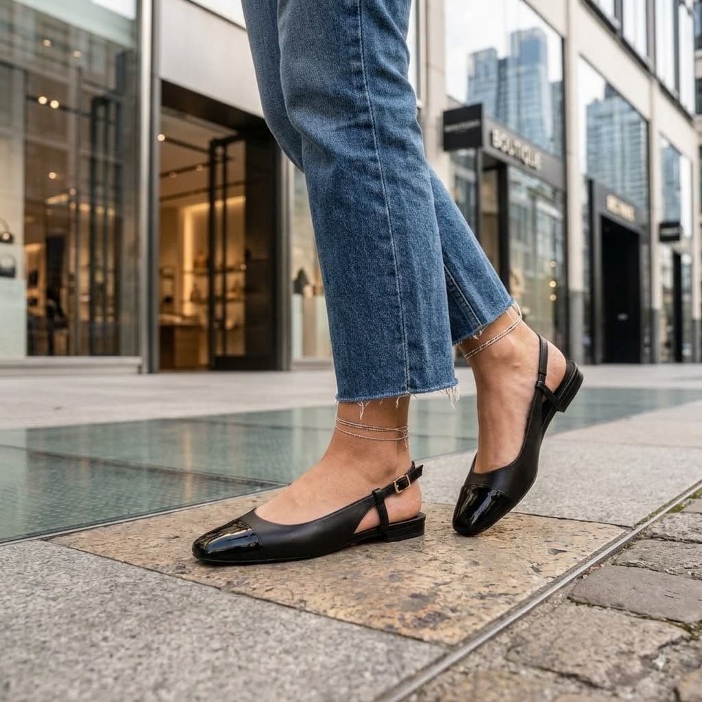 Sapatilha Preta Slingback Feminina Bico Quadrado Confortável com Fivela Premium Clássica Elegante Luxo