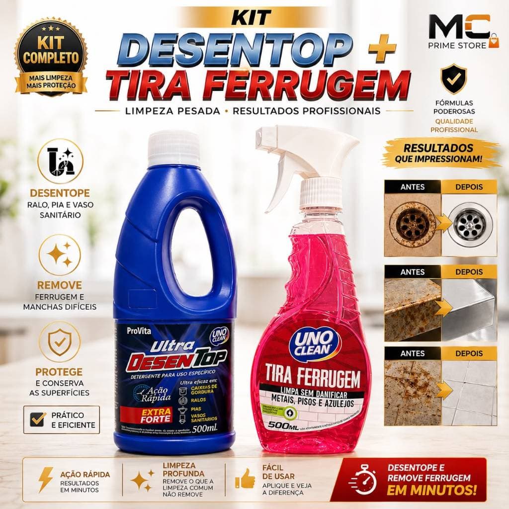 Kit Desentupidor + Tira Ferrugem Uno Clean 500ml Pia Ralo Vaso Sanitário Gordura Ferrugem Limpeza
