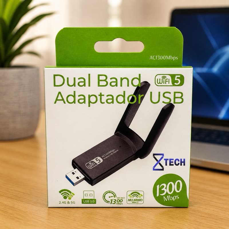 Adaptador WiFi USB 3.0 1300Mbps 2 Antenas Dual Band 2.4GHz 5GHz PC Notebook