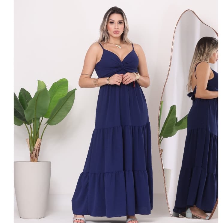 vestido Nó longo alcinha babado decote v com bojo amarração tres marias moda blogueira evangelica
