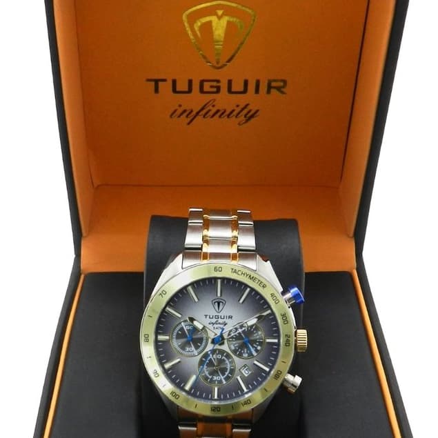 Relógio Cronógrafo Masculino de Aço Tuguir Analógico Infinity 23-2231 Prata e Dourado (Resistente à água 5ATM, Vintage)