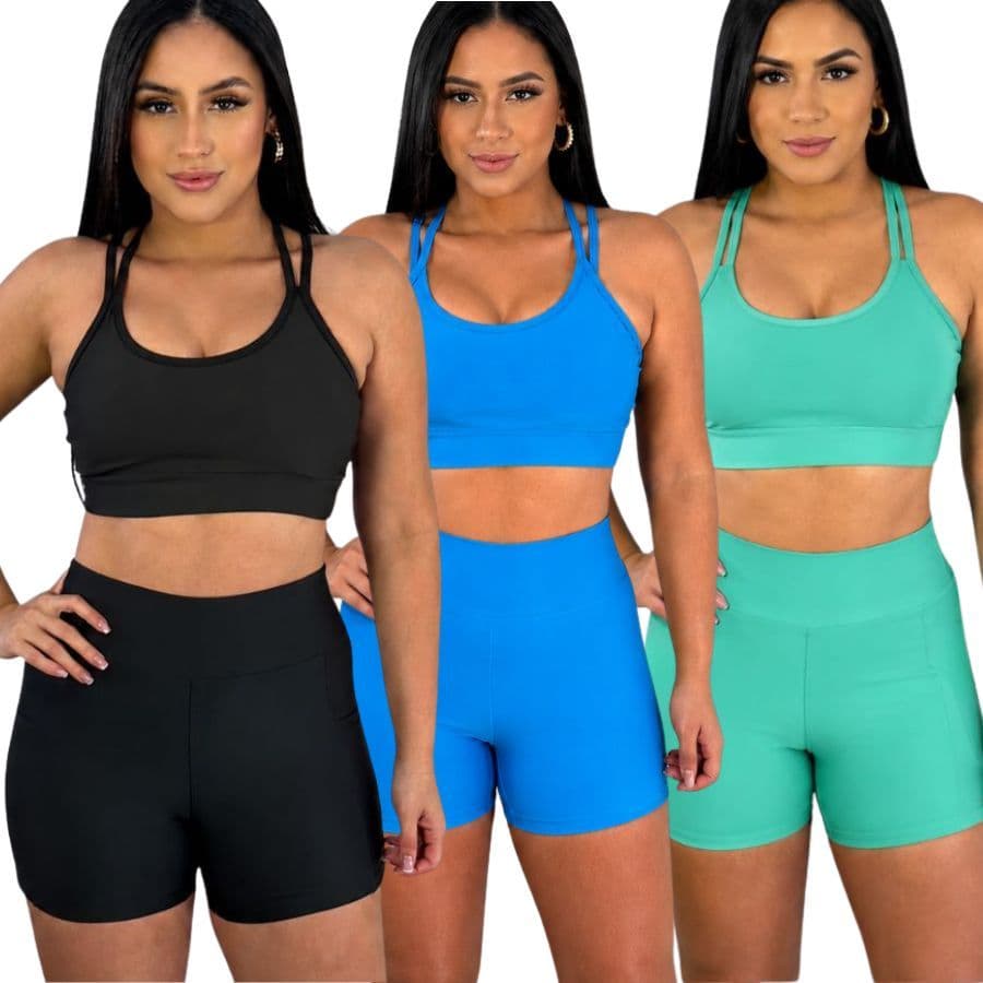 Conjunto Fitness - Top e Short Feminino Bojo Removível Tecido Suplex Zero Transparencia Liso Básico Cintura Alta