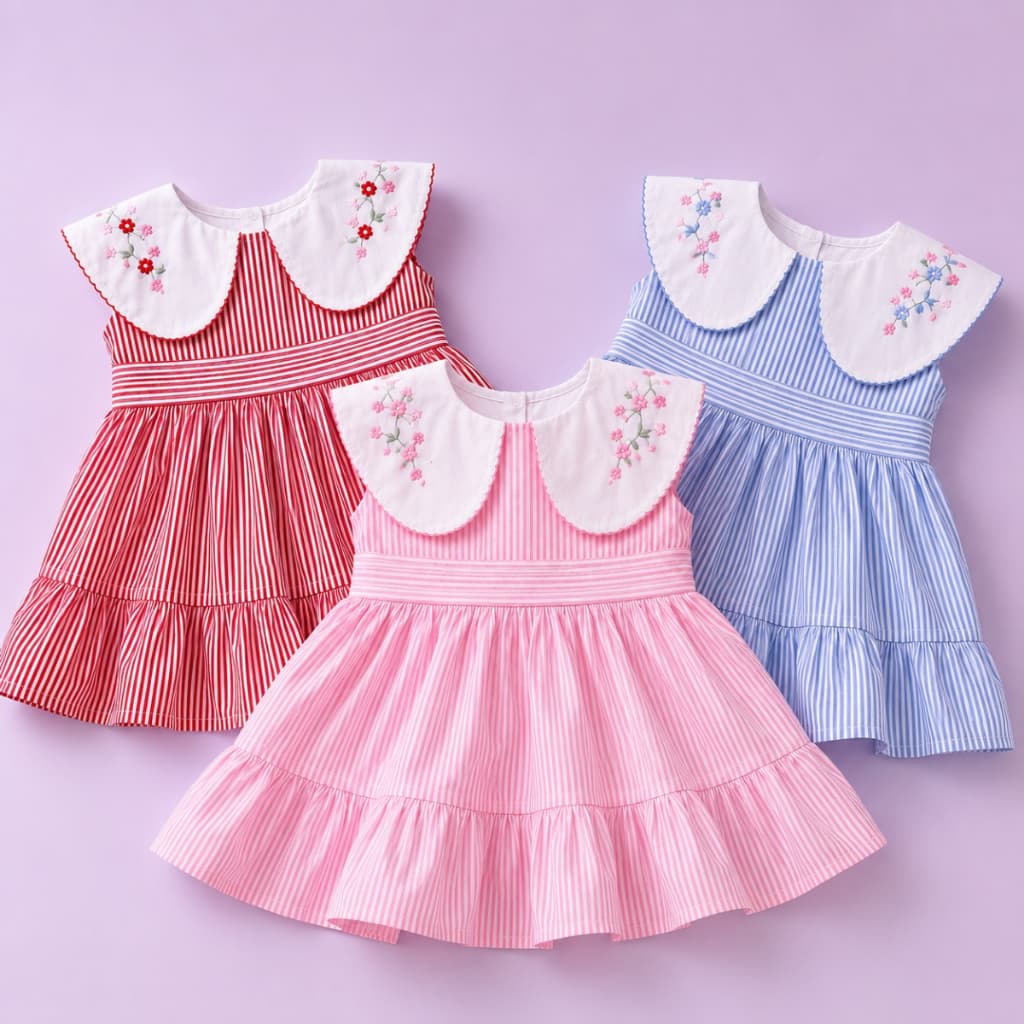 Vestido Feminino Infantil Com Gola Bordada Vestido Kids com Babado 100% Algodão Vestido Listrado Baby