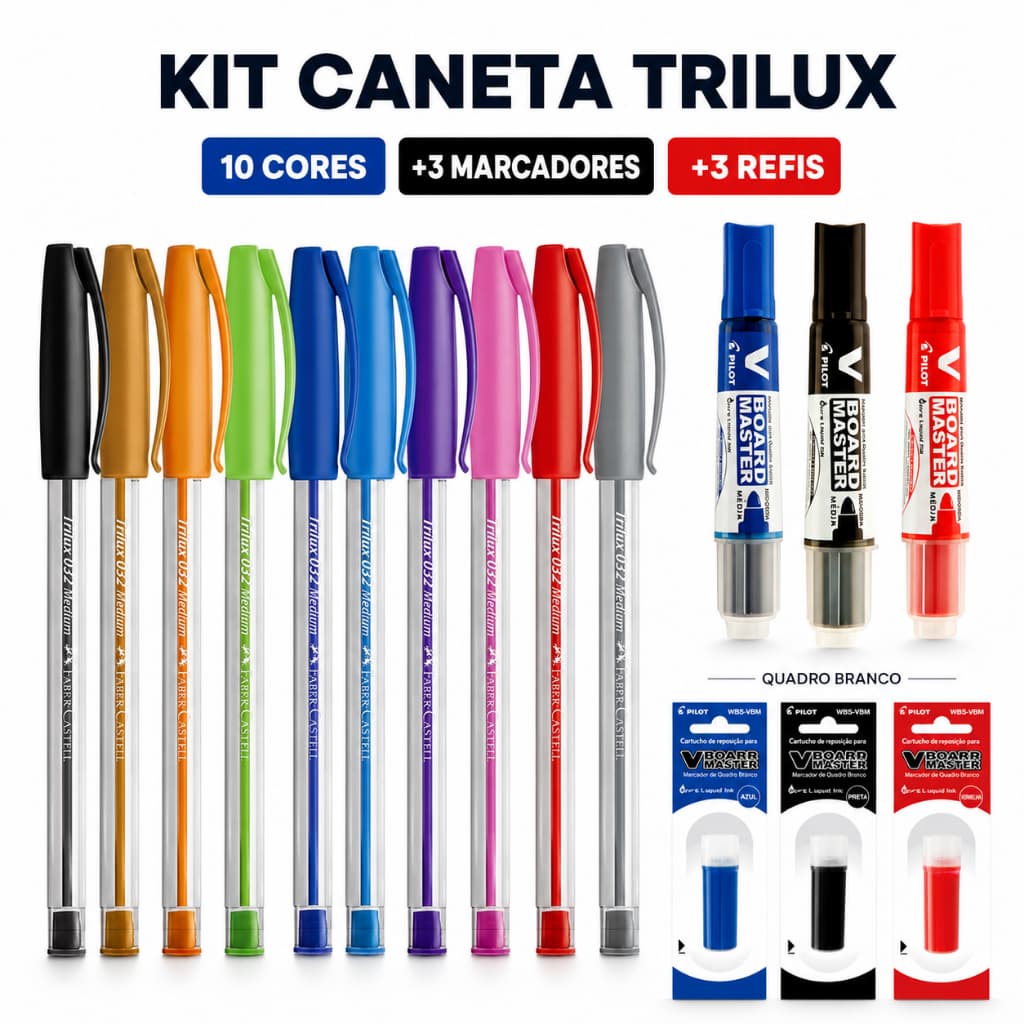 Kit Caneta Trilux Com 10 Cores + 3 Marcador e 3 Refil Quadro Branco 3 Cores PILOT